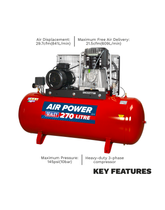 270L Belt Drive Air Compressor with Cast Cylinders 7.5hp 3ph 2-Stage