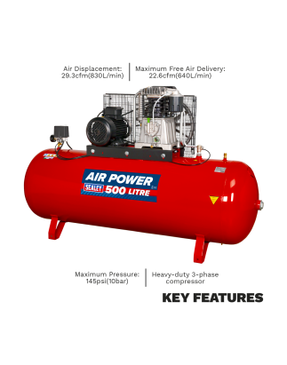 Compresseur d'air à entraînement par courroie de 500 L avec cylindres moulés 7,5 ch 3ph à 2 étages