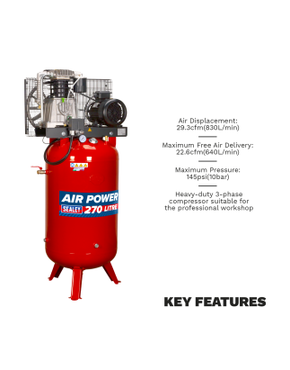 Compresseur d'air vertical à entraînement par courroie de 270 L avec cylindres moulés 7,5 ch 3ph à 2 étages