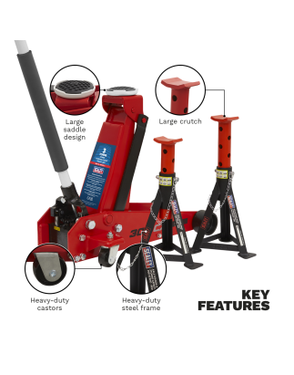 Standard Chassis Trolley Jack 3 Tonne with Axle Stands (Pair) 3 Tonne Capacity per Stand