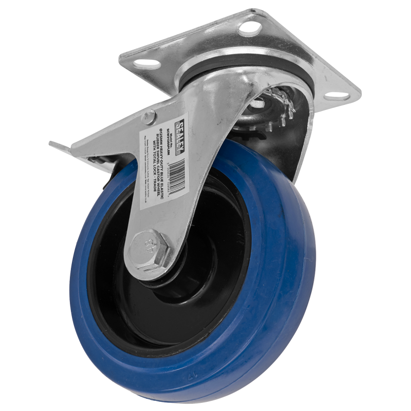 Heavy-Duty Blue Elastic Rubber Swivel Castor Wheel with Total Lock Ø125mm - Trade