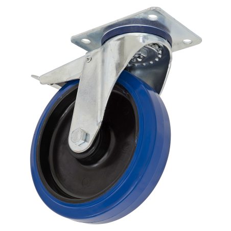 Heavy-Duty Blue Elastic Rubber Castor Wheel Swivel with Total Lock Ø160mm - Trade