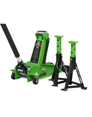 Trolley Jack with Super Rocket Lift 3 Tonne & Axle Stands (Pair) 3 Tonne Capacity per Stand - Green