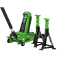 Trolley Jack with Super Rocket Lift 3 Tonne & Axle Stands (Pair) 3 Tonne Capacity per Stand - Green