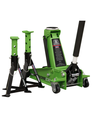 Trolley Jack with Super Rocket Lift 3 Tonne & Axle Stands (Pair) 3 Tonne Capacity per Stand - Green