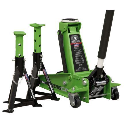 Trolley Jack with Super Rocket Lift 3 Tonne & Axle Stands (Pair) 3 Tonne Capacity per Stand - Green