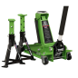 Trolley Jack with Super Rocket Lift 3 Tonne & Axle Stands (Pair) 3 Tonne Capacity per Stand - Green