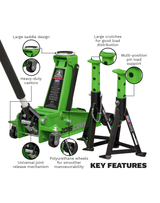 Cric à roulettes avec Super Rocket Lift 3 tonnes et supports d'essieu (paire) Capacité de 3 tonnes par support - Vert