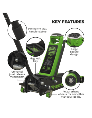 Premier Low Profile Trolley Jack with Rocket Lift 3 Tonne - Green