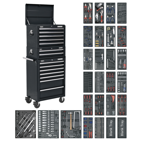 Coffre à outils combiné à 14 tiroirs avec glissières à roulement à billes – Noir et kit d'outils de 1 179 pièces