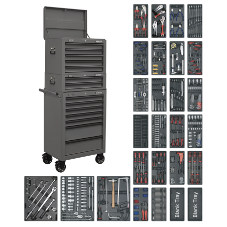 Coffre à outils combiné à 14 tiroirs avec glissières à roulement à billes - Gris et trousse à outils de 1 179 pièces