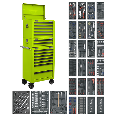 Coffre à outils combiné à 14 tiroirs avec glissières à roulement à billes - Vert et trousse à outils de 1 179 pièces