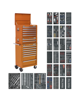 Coffre à outils combiné à 14 tiroirs avec glissières à roulement à billes - Orange et trousse à outils de 1 179 pièces