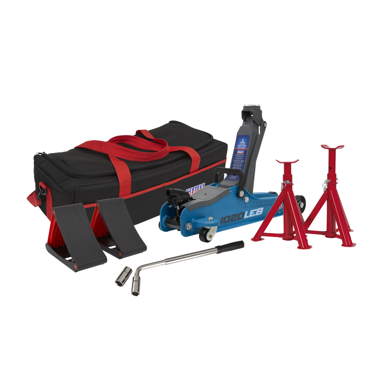 Low Entry Short Chassis Trolley Jack & Accessories Bag Combo, 2 Tonne - Blue