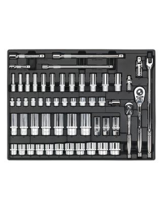 Plateau à outils avec jeu de douilles 55 pièces, entraînement carré 3/8" et 1/2"