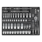 Plateau à outils avec jeu de douilles 55 pièces, entraînement carré 3/8" et 1/2"