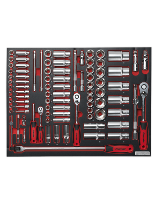 Plateau à outils avec jeu de douilles 91 pièces, entraînement carré 1/4", 3/8" et 1/2"