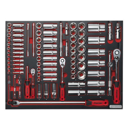 Plateau à outils avec jeu de douilles 91 pièces, entraînement carré 1/4", 3/8" et 1/2"