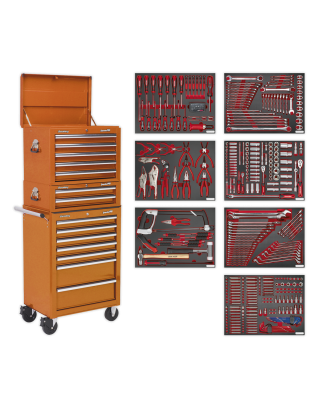 Coffre à outils combiné à 14 tiroirs avec glissières à roulement à billes - Orange et kit d'outils de 446 pièces