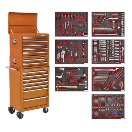 Coffre à outils combiné à 14 tiroirs avec glissières à roulement à billes - Orange et kit d'outils de 446 pièces