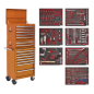 Coffre à outils combiné à 14 tiroirs avec glissières à roulement à billes - Orange et kit d'outils de 446 pièces