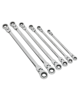 Flexi-Head Double End Ratchet Ring Spanner Set 6pc Extra-Long Metric