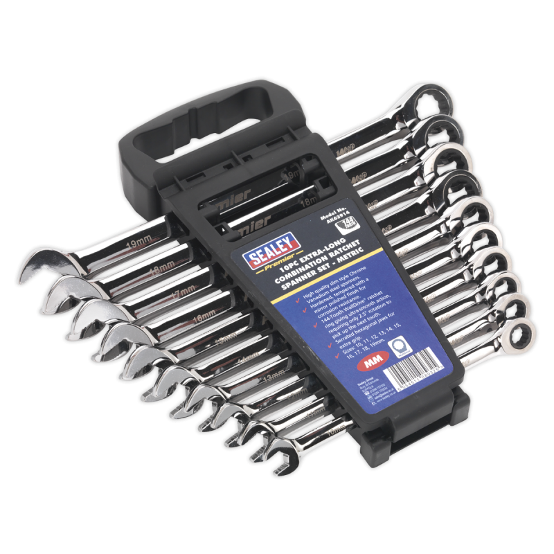 Combination Ratchet Spanner Set 10pc Extra-Long Metric