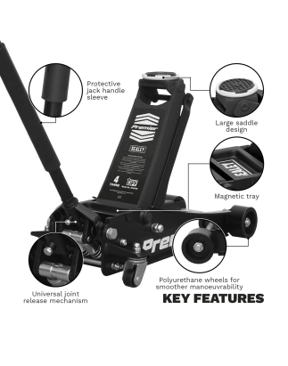 Cric roulant à profil bas Premier avec Rocket Lift 4 tonnes - Noir