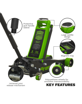 Premier Low Profile Trolley Jack with Rocket Lift 4 Tonne - Green