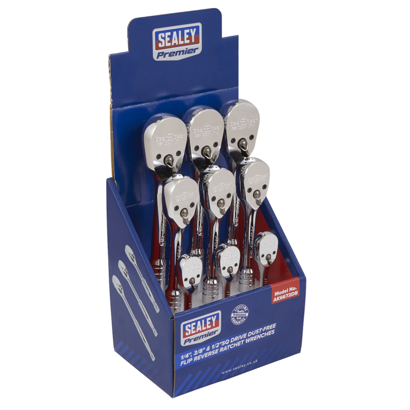 Ratchet Wrenches 1/4", 3/8" & 1/2"Sq Drive Pear-Head Flip Reverse Display Box of 9