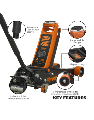 Premier Low Profile Trolley Jack with Rocket Lift 4 Tonne - Orange