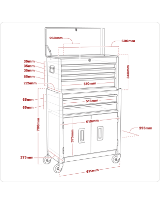 Combinaison Topchest & Rollcab à 6 tiroirs avec glissières à roulement à billes - Rouge