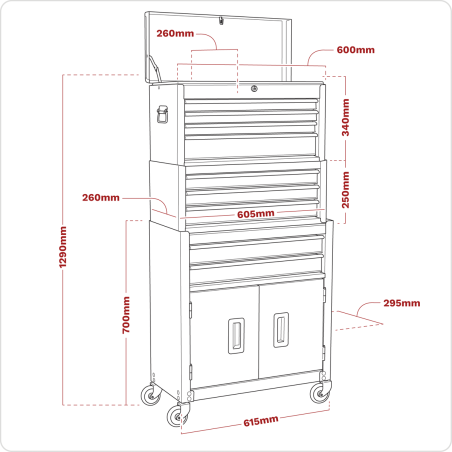 Topchest, coffre à outils Mid-Box et pile de 9 tiroirs Rollcab - Violet