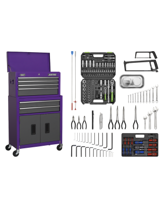 Topchest & Rollcab Combinaison 6 tiroirs avec glissières à roulement à billes – Violet/gris et kit d'outils 170 pièces