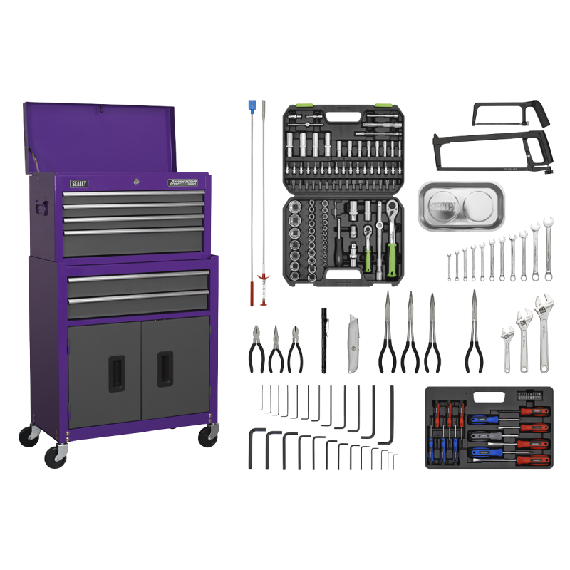 Topchest & Rollcab Combinaison 6 tiroirs avec glissières à roulement à billes – Violet/gris et kit d'outils 170 pièces