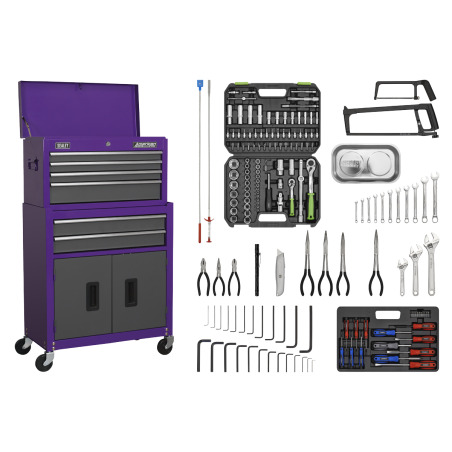 Topchest & Rollcab Combinaison 6 tiroirs avec glissières à roulement à billes – Violet/gris et kit d'outils 170 pièces