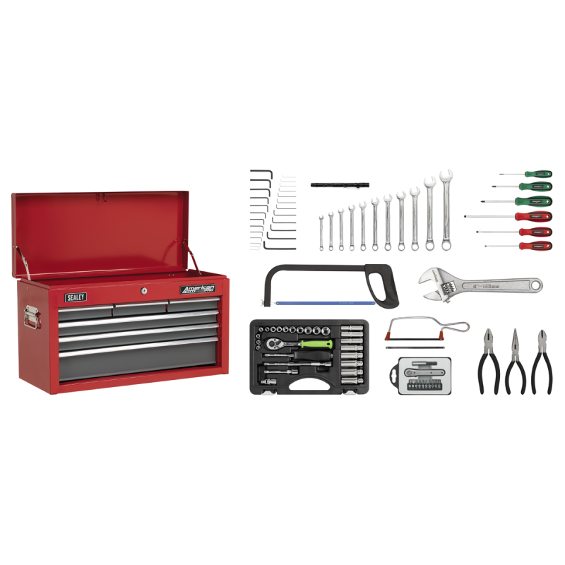 Topchest 6 Drawer with Ball-Bearing Slides - Red/Grey & 98pc Tool Kit