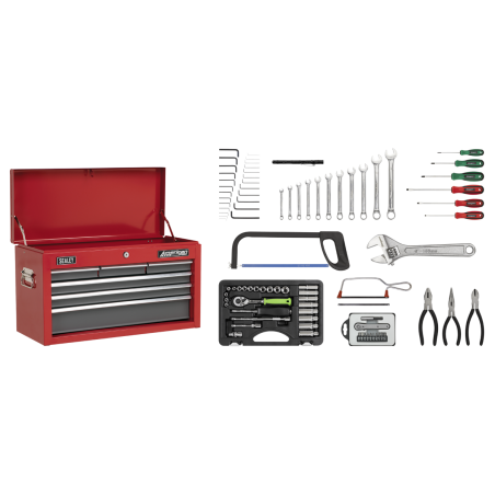 Topchest 6 Drawer with Ball-Bearing Slides - Red/Grey & 98pc Tool Kit