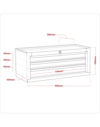 Coffre à outils Mid-Box à 3 tiroirs avec glissières à roulement à billes - Rouge