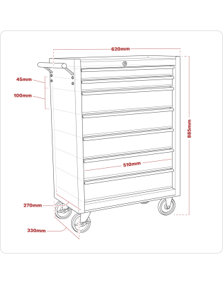 Rollcab 7 Drawer with Ball-Bearing Slides - Red/Grey