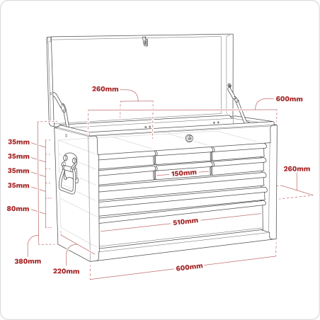 Topchest 9 Drawer with Ball-Bearing Slides - Red/Grey