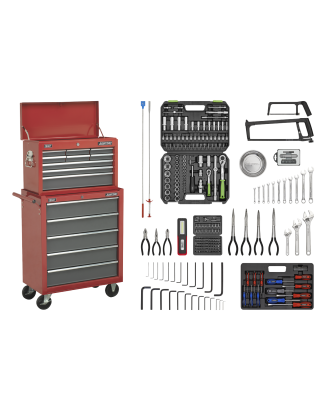 Topchest & Rollcab Combinaison 14 tiroirs avec glissières à roulement à billes – Rouge/gris et kit d'outils 281 pièces