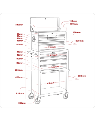 Combinaison Topchest & Rollcab à 13 tiroirs avec glissières à roulement à billes - Rouge/Gris