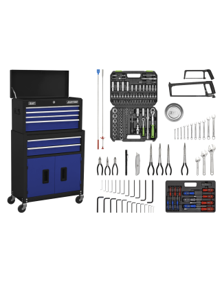 Topchest & Rollcab Combinaison 6 tiroirs avec glissières à roulement à billes – Bleu/noir et kit d'outils 170 pièces